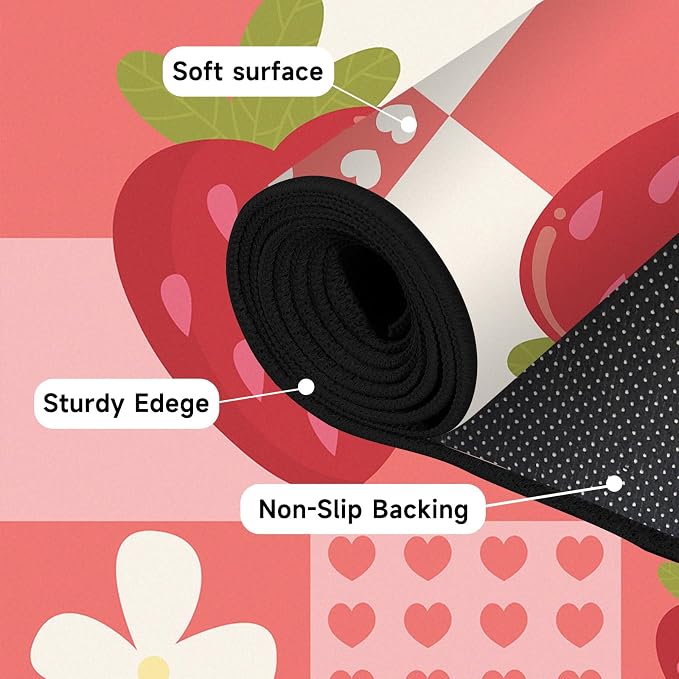 Strawberry Checkered Rug Cute Red Area Rug Love Flower Washable Carpet for Bedroom Living Room Nursery Kitchen Playroom Home Decor Soft Non Slip Floor Mat，5'x7'