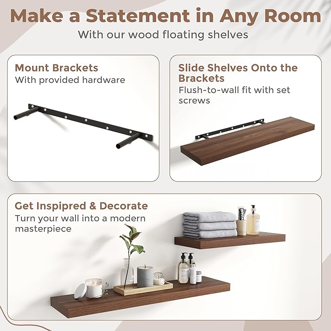 Floating Shelves for Wall with Invisible Brackets, Wall Mounted Engineered Wood Shelves with Wood Grain for Living Room, Bedroom, Bathroom, Kitchen Decor and Storage, Oak, 12"L Set of 3, Walnut