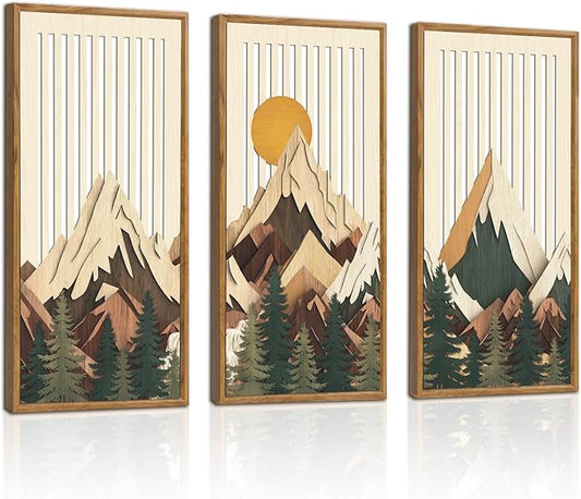 IARTTOP Mountain Sunrise Wall Art Set of 3 Framed Layered Wood Landscape Decor Forest Pine Tree Wall Decor Nature Wilderness Art Prints for Living Room Bedroom Office 8 x16 Inch