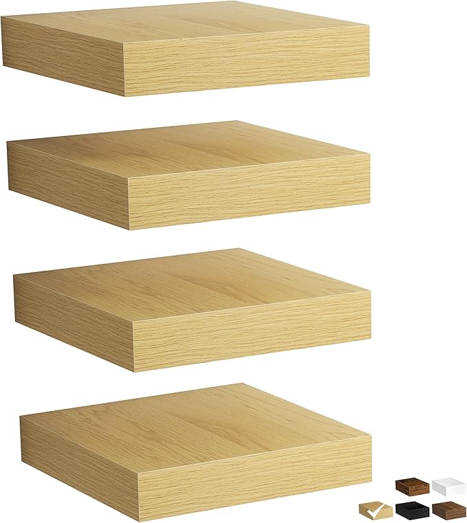Fun Memories Rustic Wood Floating Shelves for Wall, Space-Saving Wall Mounted Shelves for Bathroom, Bedroom, Living Room and Kitchen, Stylish Storage & Display (Set of 4, Oak, 8 in)