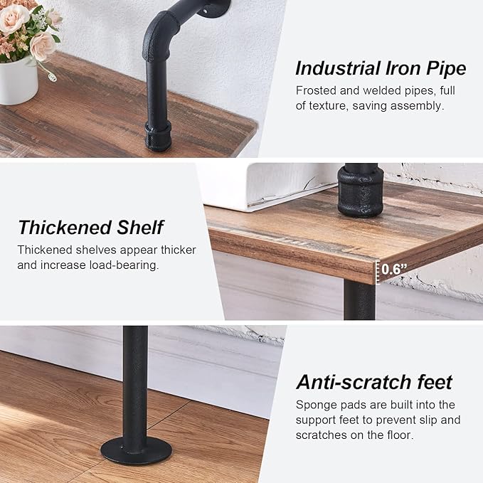 HOMBAZAAR Industrial Pipe Bookshelf,6 Tier Pipe Shelving,Wall Mounted Ladder Shelves with Metal Frame for Home Office,Living Room,Oak Brown