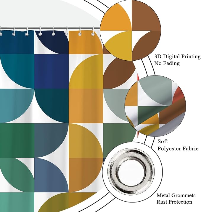 Colorful Mid Century Modern Shower Curtain, Boho Abstract Geometric Retro Art Shower Curtains for Bathroom, Rainbow Unique Cute Pattern Polyester Fabric Bathroom Set 12 Hooks 36X72IN