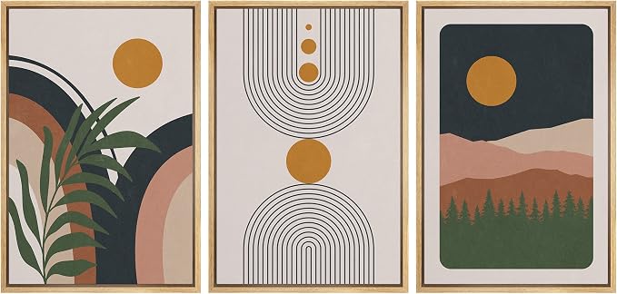 wall26 Framed Canvas Print Wall Art Set Boho Geometric Mid-Century Plant Planet Landscape Nature Abstract Illustrations Modern Bohemian Decorative for Living Room, Bedroom, Office - 24"x36"x3 Natural
