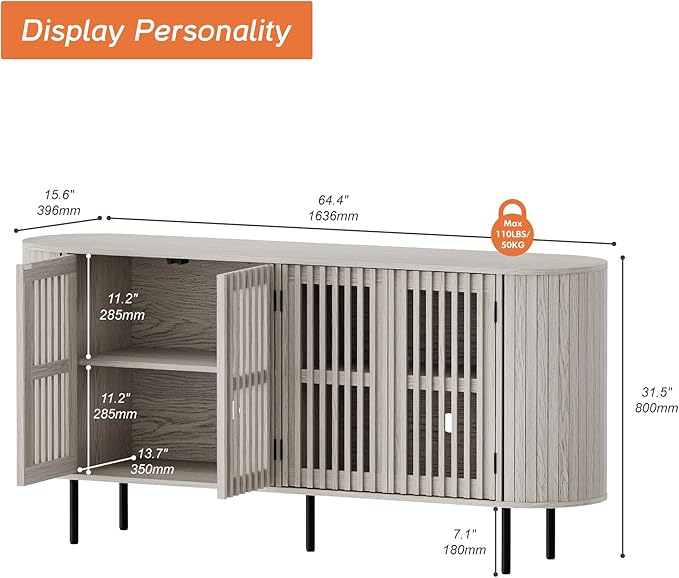 WAMPAT 66" Fluted Sideboard Buffet Cabinet, Wood Storage Cabinet with 4 Doors, Mid Century Modern Credenza for Dining Room, Living Room, Kitchen, White Washed