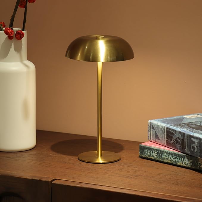 Portable Mushroom Table Lamp with 5200mAh Battery - Cordless LED Night Light with Stepless Dimming, 3 Color Modes & Adjustable Height for Bedroom, Patio, Bar Decor and Coffee Shop Ambiance（Gold-tall）