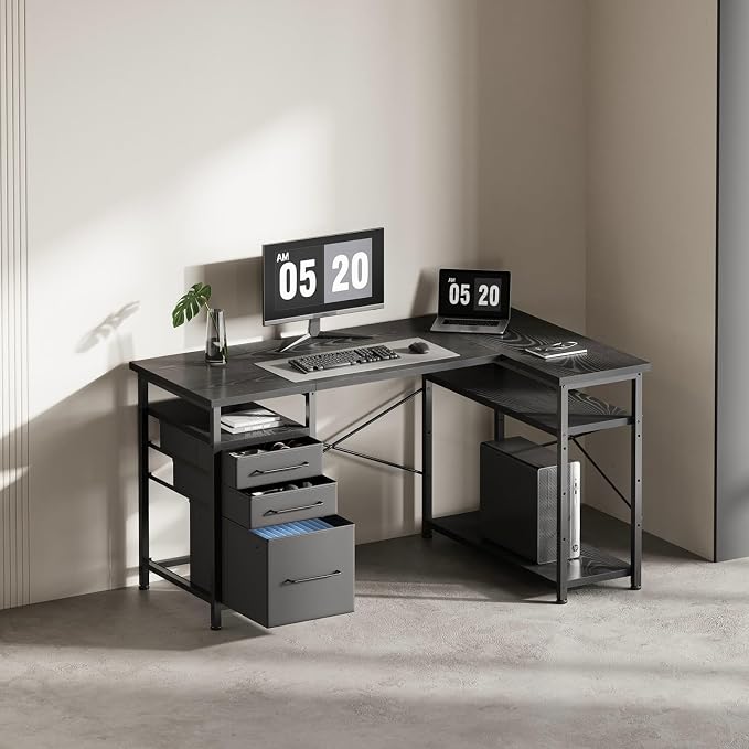Maihail 47" Computer Desk with Drawers, Desks for Bedrooms, Writing Desk with Storage, Work Desk for Small Space, Black