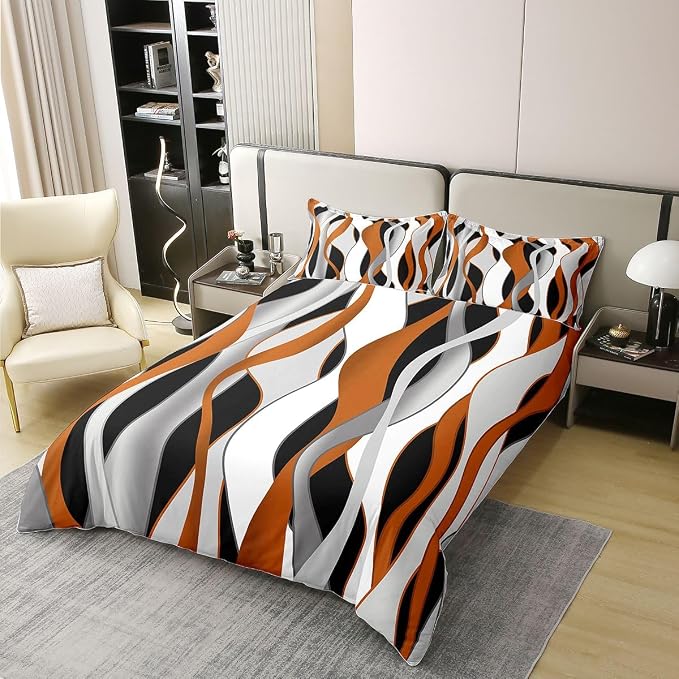 Erosebridal Orange Grey Black Stripes 100% Cotton Duvet Cover King Geometric Spiral Waves Bedding Set for Kids Teens Adults Swirl Lines Striped Comforter Cover Modern Mid Century Art Bed Set 3 Pcs