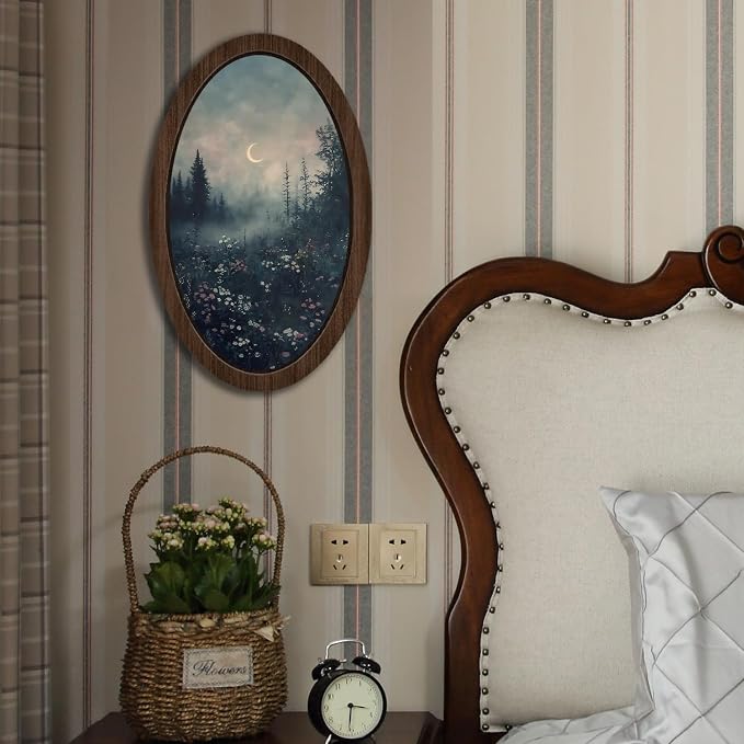 UYIKG Vintage Wall Art Decor,Rustic Farmhouse Gothic Forest Wooden Framed Decor,Moonlit Moody Oval Wall Decorations for Theme Room Home Bedroom Living Room Office 9x14.6 in