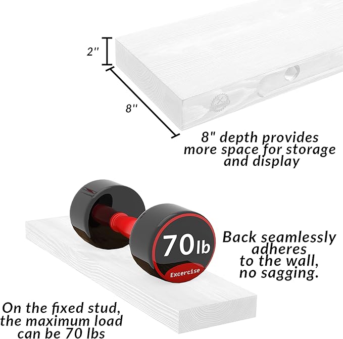 Rusitc Floating Shelves 48 inch Long 8 "deep Set of 2, Heavy Duty Wood Wall Mounted Shelves for Bathroom Living Room Kitchen,Book Shelves with Thickened Hidden Bracket-White
