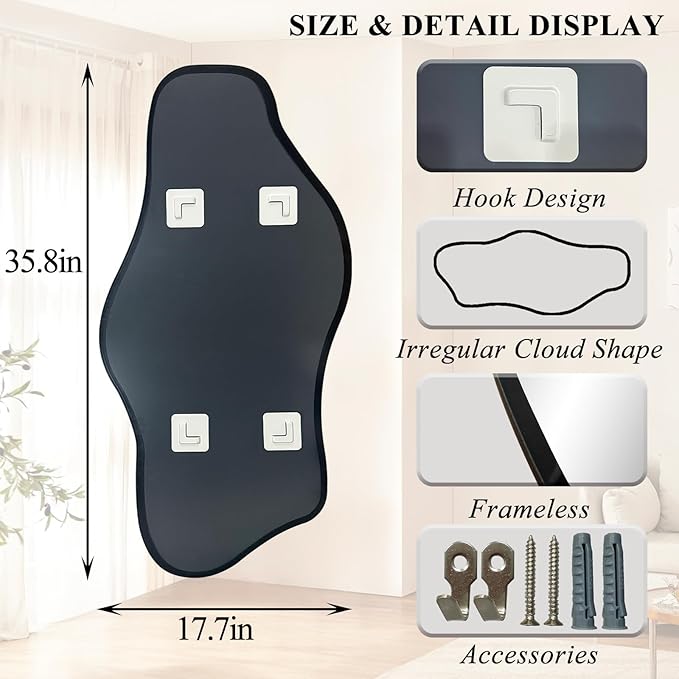 Irregular Frameless Mirror, 35.8"x17.7" Asymmetrical Wall Mirrors Decorative, Modern Abstract Tempered Glass Mirrors for Living Room Bathroom Bedroom Hallway Entryway Fireplace