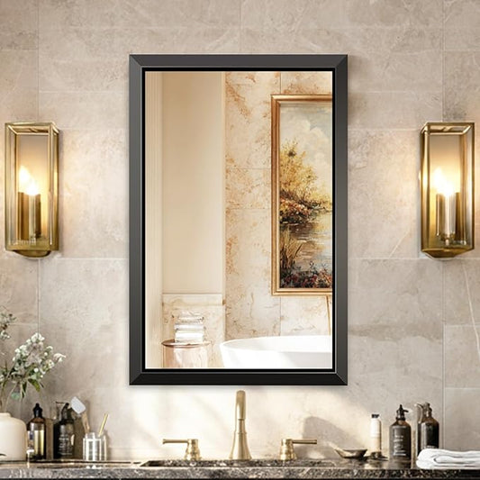USHOWER 24x36 Inch Floating Bathroom Mirror - Brushed Black Wall Mirror for Over Sink, Anti-Rust, Beveled Aluminum Frame, Modern Rectangular HD Reflection Vanity Mirror(Copper-Free Silver Coating)