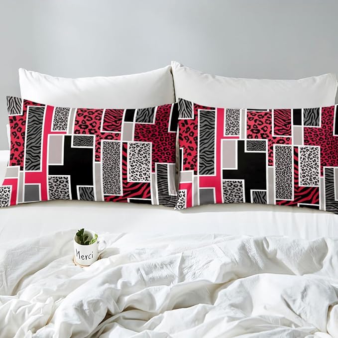 Erosebridal Red Black Grey Leopard Bedding Set Full African Animal Leopard Skin Print Duvet Cover Cheetah Zebra Wildlife Comforter Cover for Kids Teen Adults,Geometric Stripes Patchwork Bed Set