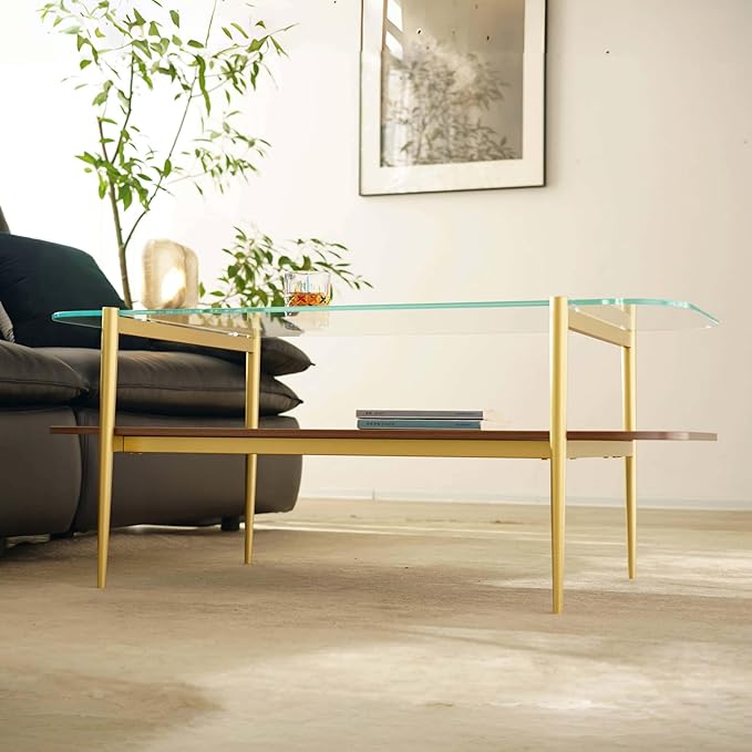 Saint Mossi Tadio Double Layer Glass Coffee Table for Living Room, Clear Glass & Coffee Brown MDF Bottom Shelf with Round Corners, L41xW21xH17