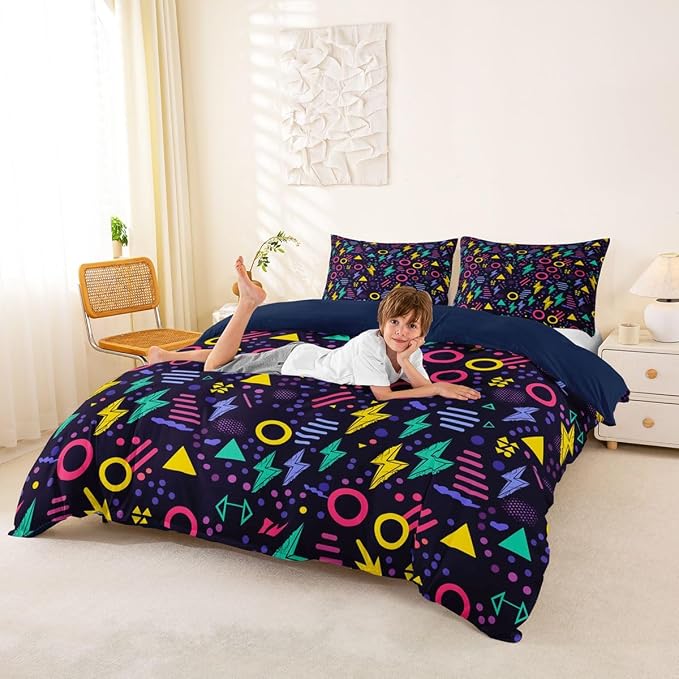Memphis Geometric Pattern Comforter Cover Set King Size,Retro Style Round Half Moon Triangle Shapes Artwork Duvet Cover Colorful Graphic 80s 90S Style Bedding Set Abstract 1990S Memphis Home Decor