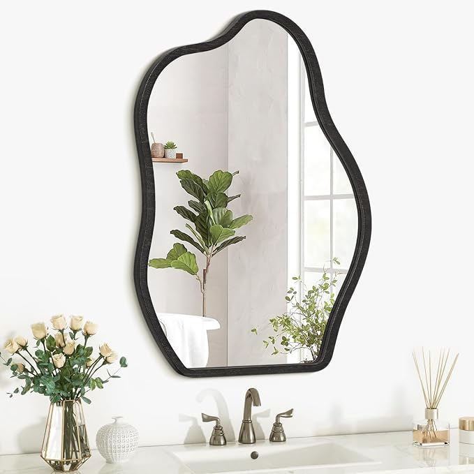 Asymmetrical Irregular Mirror for Wall Wooden Framed Hanging Wall Mirror Cloud Modern Unique Bathroom Wall Mirror Decorative Bedroom Living Room Entryway Hallway Artistic Hanging Mirror