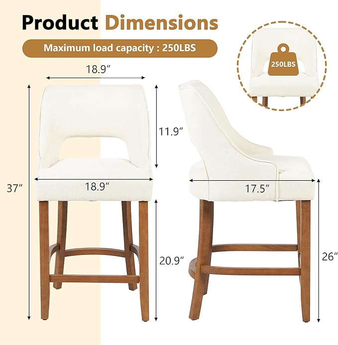ClinQ Bar Stools Set of 3, 26" H Counter Height Bar Stools with Backs, Modern Upholstered Accent Barstools with Curved Footrest for Kitchen Island, Dining Room and Bar, Beige-Walnut Legs