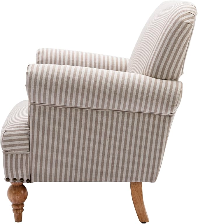 chairus Linen Accent Chair for Living Room Set of 2 Upholstered Mid Century Modern Single Sofa Chair with Solid Wood Legs Comfy Reading Chair Armchair for Bedroom/Office/Recption/Lounge, Khaki Stripe