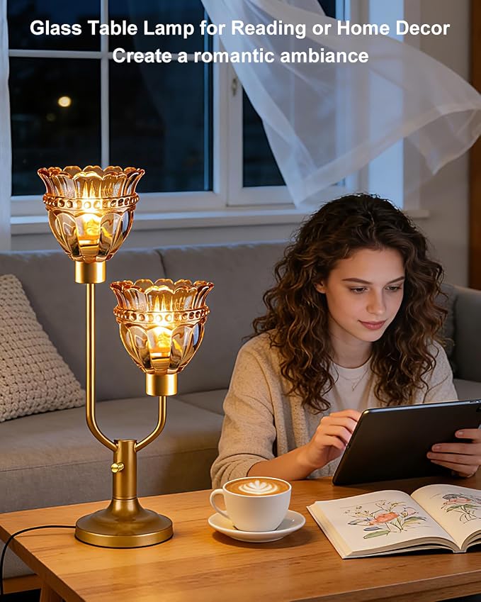 Lightdot Vintage Table Lamp for Living Room Dimmable Mid Century Modern Gold Desk Lamp Amber Glass Nightstand Lamp 2 Bulbs Included Warmwhite Ambient Bedside Lamps for Bedroom Home Office Decor Gift