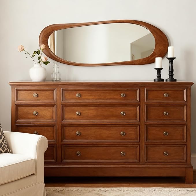 WallBeyond Asymmetrical Full Length Wooden Mirror, 22.5" x 63" Irregular Solid Wood Wall Mirror, Boho Decor for Bedroom Living Room Entryway, Mid-Century Modern, Natural