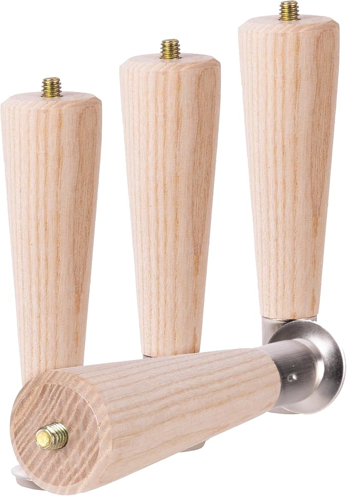 Waddell Round Taper Leg (4 Count, 6" H) | Self Leveling Quick Mount Wooden Legs with 5/16" #18 Hanger Bolt | Decorative Unfinished Furniture Legs for DIY Home Improvement | Mid Century Modern Decor