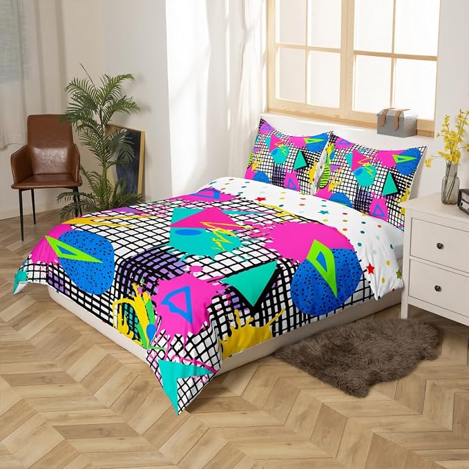 Geometric Duvet Cover 80s and 90s Hip Hop Bedding Set,Hipster Funky Comforter Cover Eighties Fashion Style Queen Bed Set,Round Triangle Square Diamond Shapes Artwork 1990S Memphis Home Decor