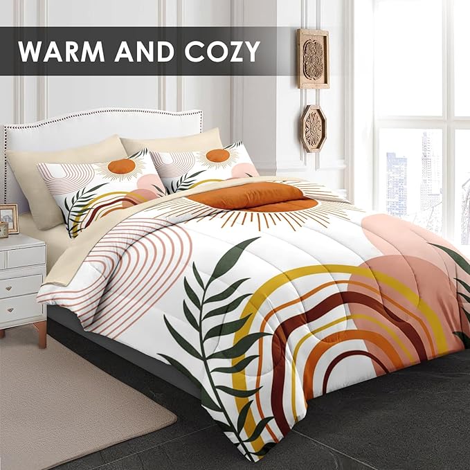 Pamnest Comforter Set Queen Size, Boho Retro 7 Pcs Bedding for Kids and Adults, Vintage Sunshine Bed Sheet Sets with Fitted Sheet 2 Pillowcase & 2 Sham for Bedroom Bed Decor