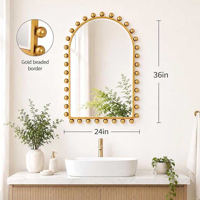 24x36 Inch Arched Wall Mirror with Antique Gold Ball Frame, Beveled Arched Decorative Wall Mirror, Vintage Gold Accent Mirror for Living Room, Entryway, Bedroom, Hallway & Over Console Decor