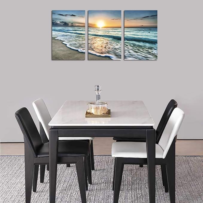Canvas Wall Art Beach Sunset Ocean Waves Wall Decor 3 Pieces x 16" x 24" Modern Seascape Canvas Artwork Contemporary Nature Pictures Painting Giclee Prints Framed Ready to Hang for Home Decoration