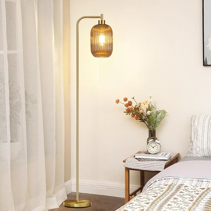Floor Lamp for Living Room,Bedroom,Gold Dimmable Standing Lamp with Remote,Mid Century Modern Brass Tall Lamp Retro Vintage Glass Lamp Floor Light Boho Bohemian