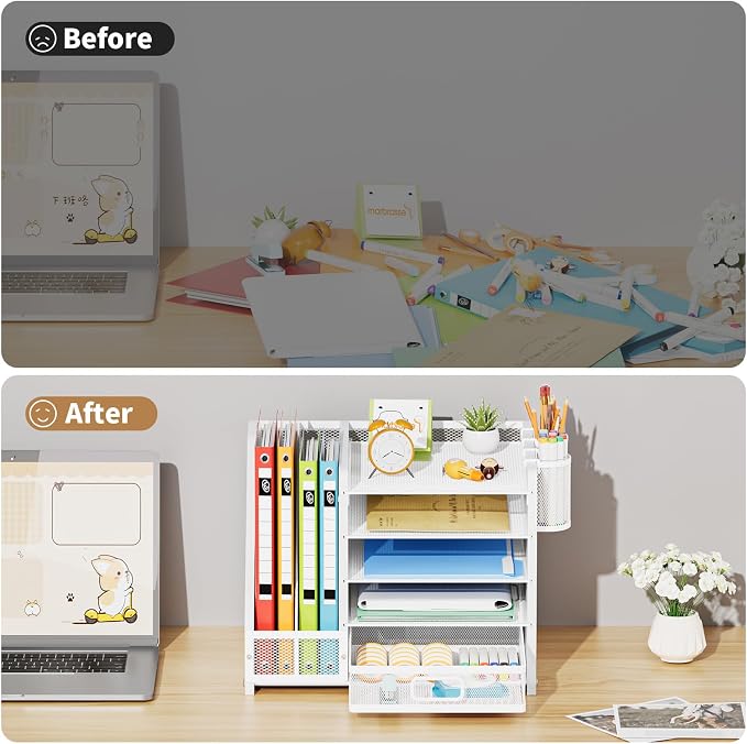 Marbrasse Desk Organizer with File Holder, 5-Tier Paper Letter Tray Organizer with Drawer and 2 Pen Holder, Mesh Desktop Organizer and Storage with Magazine Holder for Office Supplies (Wood-White)