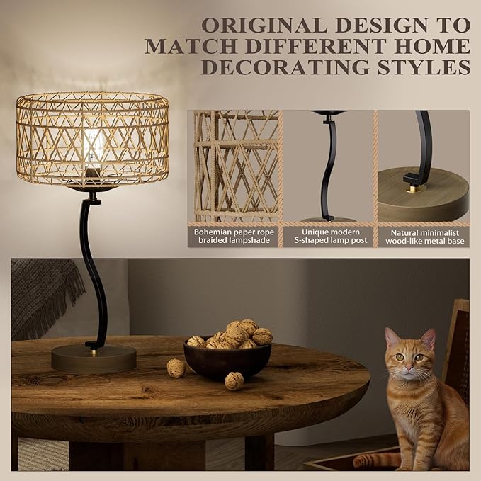 N11-2 Large Rattan Boho Table Lamp, 23" Bohemian Decor Light with USB-A & Type-C Charging Ports, Touch Control 3-Way Dimmable Farmhouse Lamp for Nightstand, Bedroom, Living Room(Bulb Included)