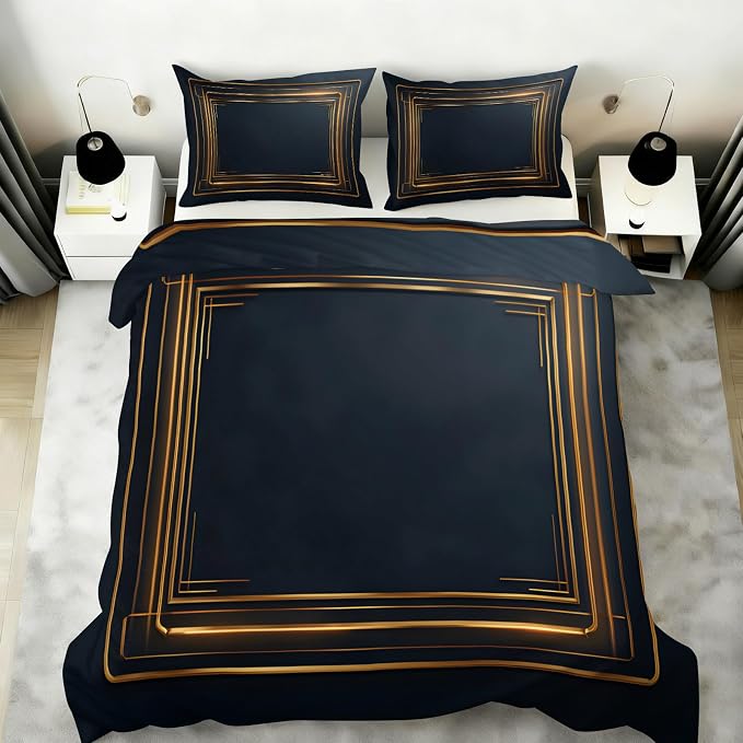 Gold Geometric Duvet Cover California King, Stripes Bedding Set 3 Piece, Minimalist Dark Blue Patterned Comforter Cover with Zipper Soft Microfiber, 2 Pillowcases