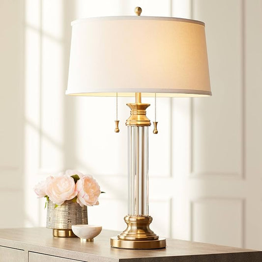 Vienna Full Spectrum Rolland Traditional Table Lamp 30" Tall Antique Brass Crystal Column Off White Tapered Drum Shade Decor for Living Room Bedroom House Bedside Nightstand Home Office Entryway
