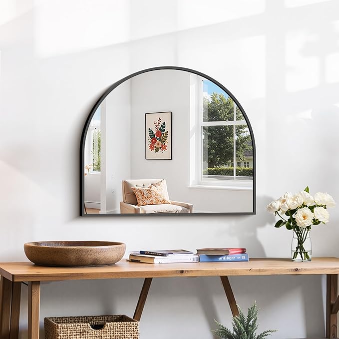 CIRCUMI Arched Wall Mirror, 24"x20" Black Arched Mirror with Tempered Glass, Metal Frame, Large Size for Entryway Table, Mantel,Living Room,Over Sink,Arch Mirror for Decor,Shatterproof&Crystal-Clear