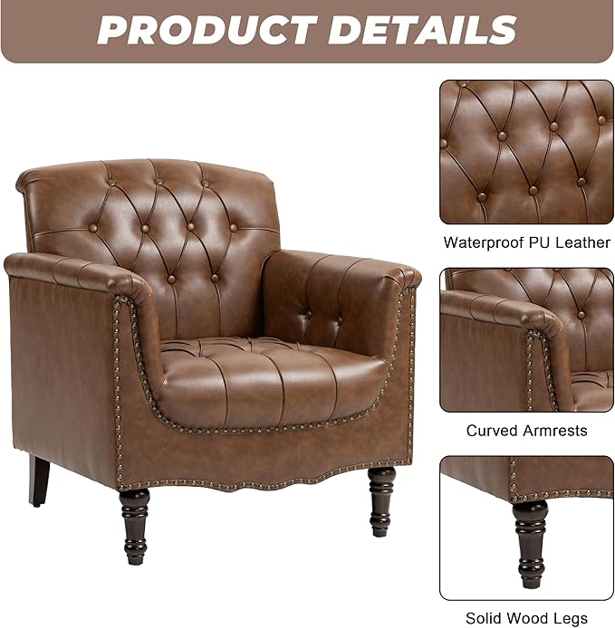 Lumibee Faux Leather Accent Chairs Set of 4, Upholstered Armchairs with Nailhead Trims & Wood Legs for Living Room, Bedroom, Contemporary Comfy Club Chairs for Office-Brown