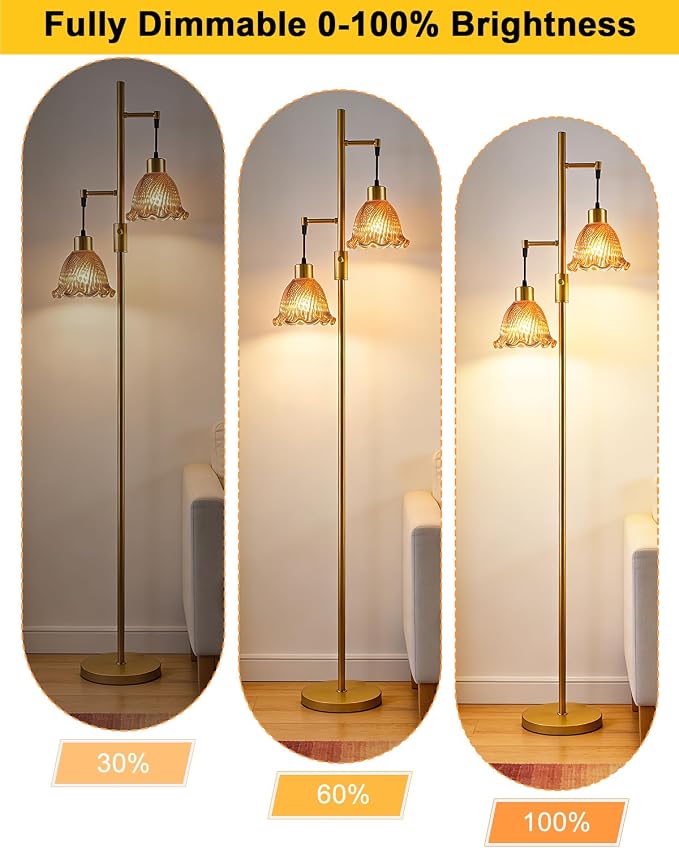 2-Light Modern Glass Floor Lamp, Gold Tall Standing Lamp with Deep Red Bell Glass Shade for Reading, Dimmable LED Floor Lamp with 5Lbs Heavy Base for Living Room Bedroom Home Decor, Bulb Included