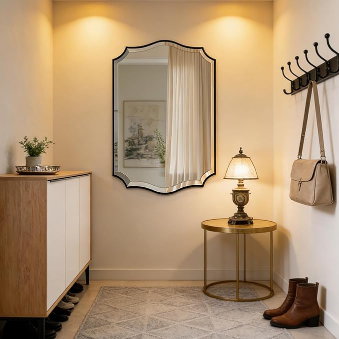 POZINO Scalloped Beveled Wall Mirror, 24"x36" Matte Black Rectangle Vanity Mirror for Over Sink, Modern Irregular Wavy Shaped Mirrors for Bathroom Living Room Bedroom Fireplace Entryway