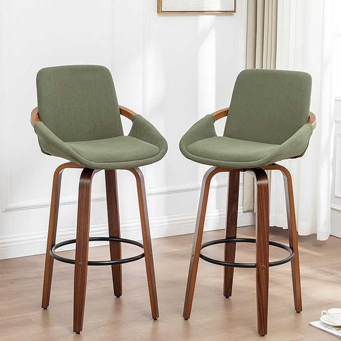LUNLING 29.5" Bar Height Barstools Set of 3,Mid Century Modern Retro Bar Chairs Green Modern Corduroy Fabric Upholstered and Walnut Wood Frame for Home Bar Furniture(Green)