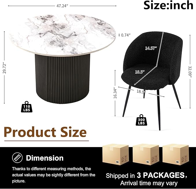 Wooden Dining Table Set with 4 Seated Dining Arm Chairs, 47-in Industrial Kitchen Table Round with Black Upholstered Barrel Side Accent Chairs Set, Classic Breakfast Nook Dinette Set