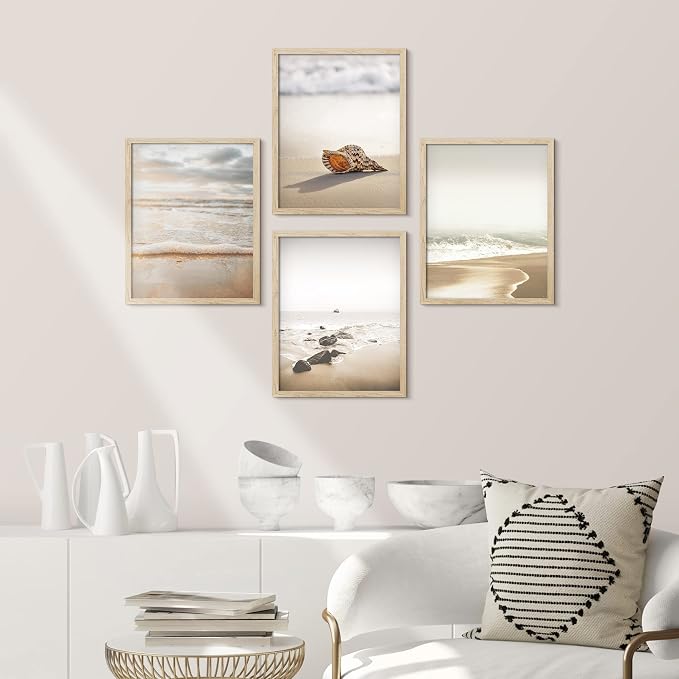SIGNWIN Framed White Minimal Beach Shore Ocean Sea Seashell Wall Art, Set of 4 Landscape Colorful Wall Decor Prints, Nature Wilderness Wall Décor for Living Room, Bedroom - 12"x16" Natural