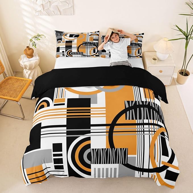 Erosebridal Art Deco Mid Century Duvet Cover Set Retro Modern Abstract Geometric Full Size Bedding Sets for Young Boys Black and White Yellow Circles Stripes Comforter Cover Contemporary Bed Set