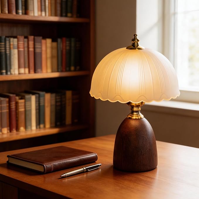 13“ Mid-Century Modern Small Table Lamp, Vintage Scalloped Frosted Glass Bedside Lamp for Bedroom Living Room, Solid Walnut Wood Style Base 3-Color Dimmable LED, Aesthetic Decor Gift