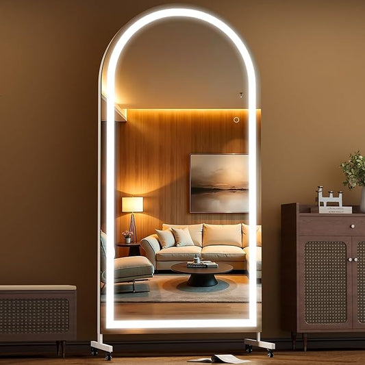 Hasipu 71" x 36" Arched LED Rolling Gym Mirror with Wheels, Dimmable Lighted Body Mirror with 3 Color Temperatures & Adjustable Brightness for Bedroom, Yoga Studio & Home Gym