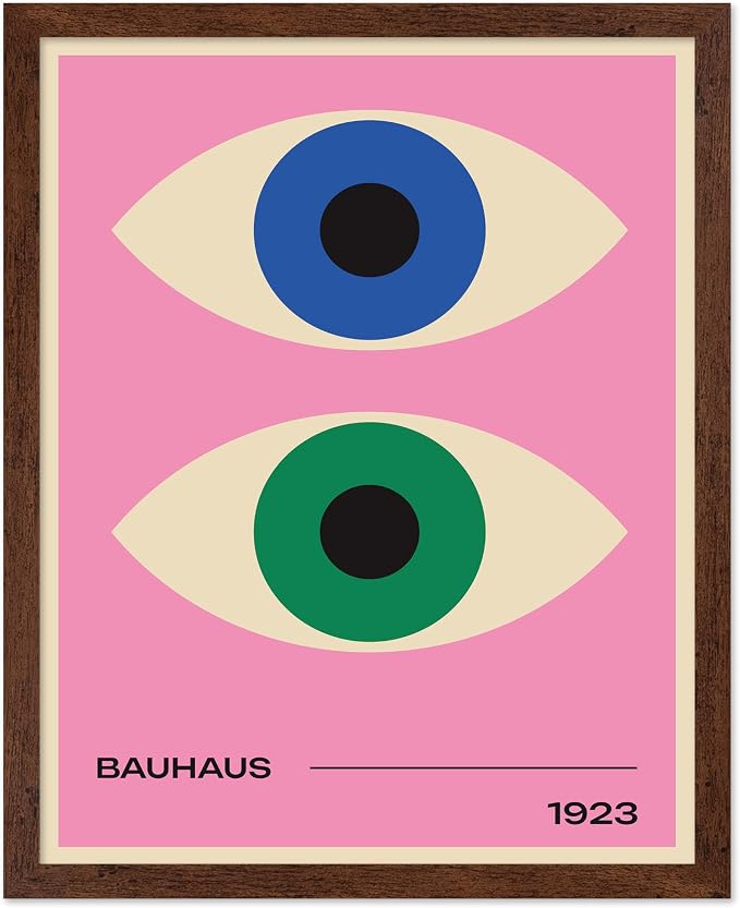 Poster Master Bauhaus Poster - Eyes Print - Abstract Circles ART - Graphic Design ART - Geometric Style - Chic Boho - Mid Century Modern - Living Room or Bedroom Decor - 8x10 Brown Framed