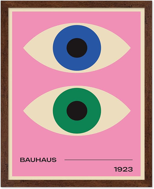 Poster Master Bauhaus Poster - Eyes Print - Abstract Circles ART - Graphic Design ART - Geometric Style - Chic Boho - Mid Century Modern - Living Room or Bedroom Decor - 8x10 Brown Framed