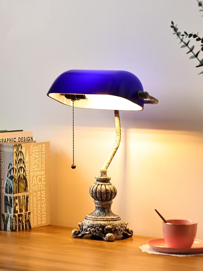 Retro Blue Glass Bankers Desk Lamp for Home Office,Library with Pull Chain Switch Plug in Fixture, LED Bulb Included