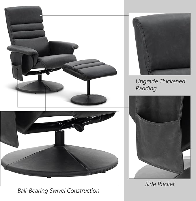 MCombo Recliner with Ottoman, Reclining Chair with Massage, 360 Swivel Living Room Chair Faux Leather, 7902 (Dark Grey)