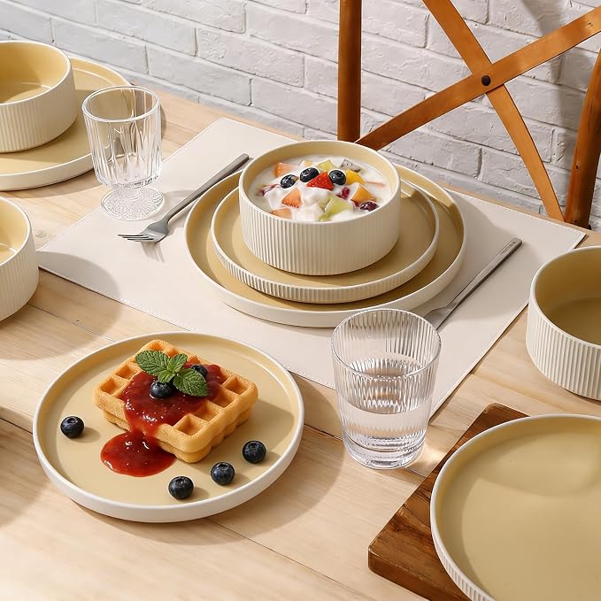 MONITO Ceramic Dinnerware Sets for 4, 12PCS Stoneware Plates and Bowls Sets, Reactive Glaze Dish Set, Chip and Scratch Resistant Double, Microwave and Dishwasher Safe, White Orange