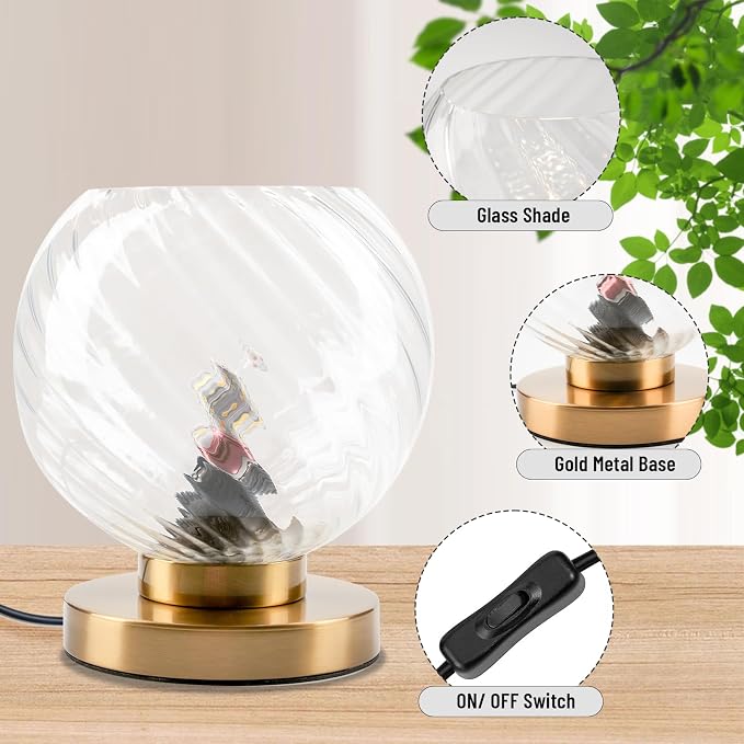 Mid Century Table Lamp Gold Metal Bedside Desk Lamp with Clear Ribbed Glass Shade, Plug-in Glass Globe Table Lamps for Office Studyroom