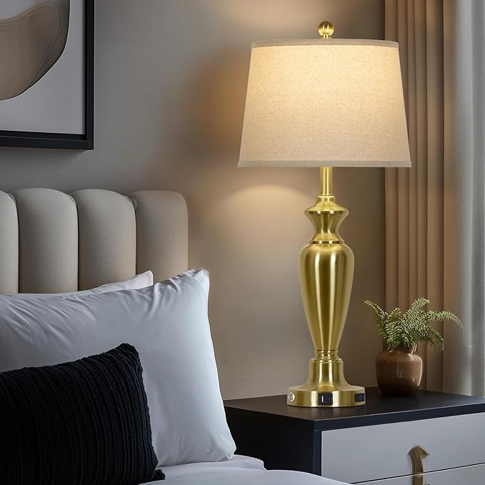 30" Tall Gold Table Lamp for Living Room, 3-Way Dimmable Touch Control Bedside Lamp for Bedroom Nightstand with USB A+C Ports & AC Outlet (1 Pack)